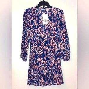 ZARA BLUE RED AND WHITE PRINTED LONG SLEEVES DRESS